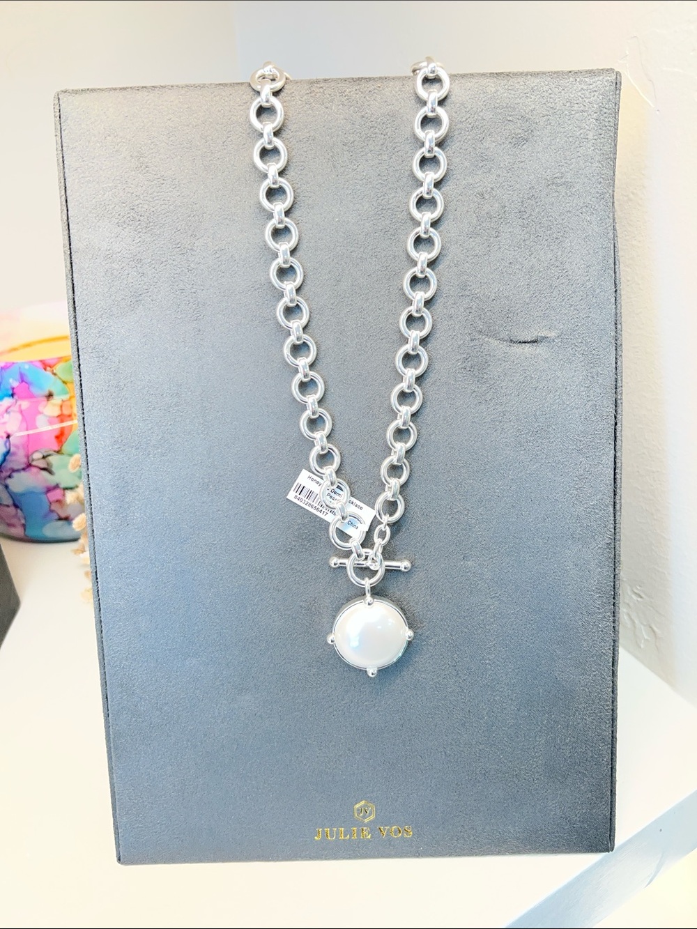 Julie Vos Silver Link Necklace with White Disc Pendant